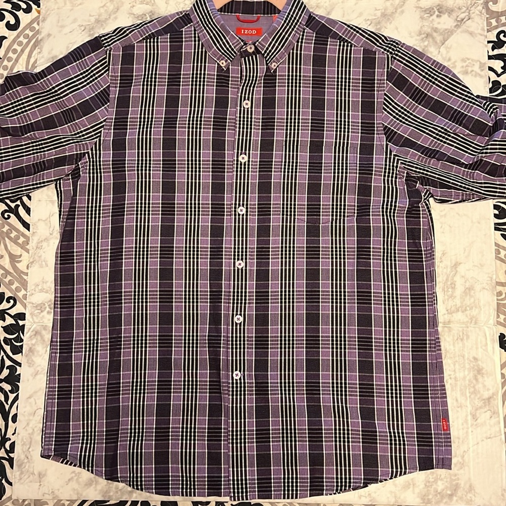 Mens Izod Shirt Size L Contrasting Cuffs Slim Fit Long Sleeve Button
